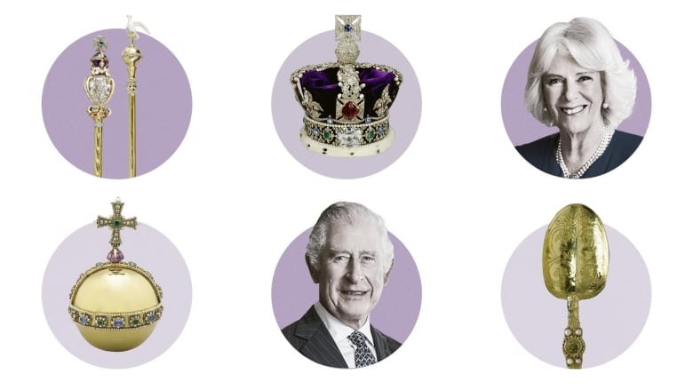 An illustration with a grid of images which some coronation regalia and images of King Charles III and Camilla, Queen Consort