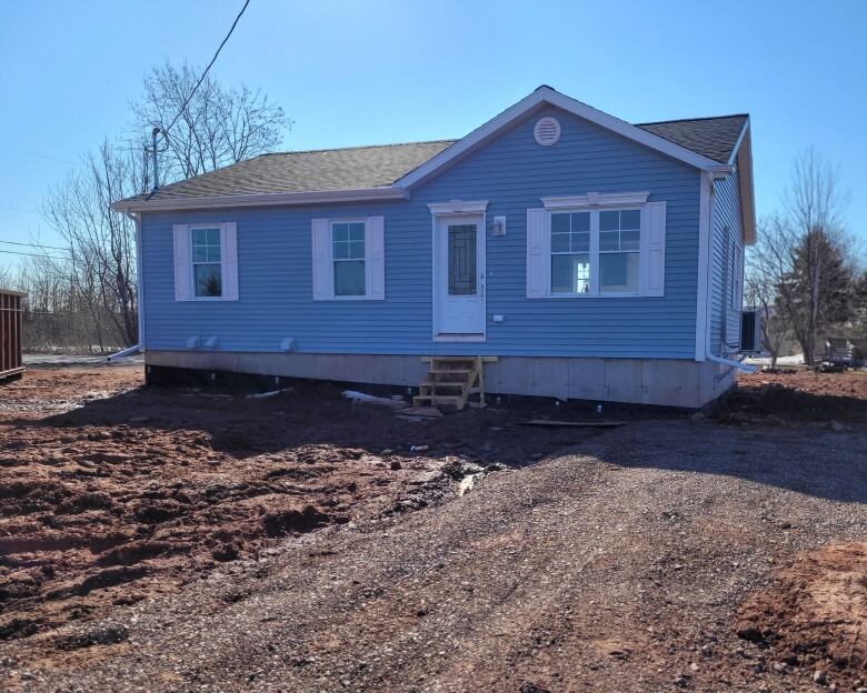 A small blue bungalow with no front porch and no landscaping yet.