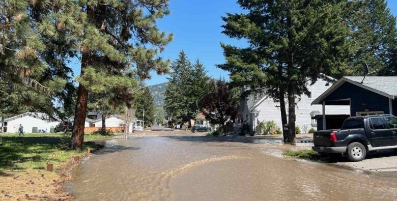 Water pools down a street.