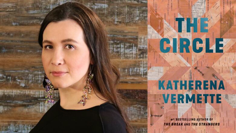 A composite image of a portrait of an Indigenous woman with dark hair looking into the camera and a brown book cover made up of individual geometric shapes and the words The Circle by katherena vermette written on it.