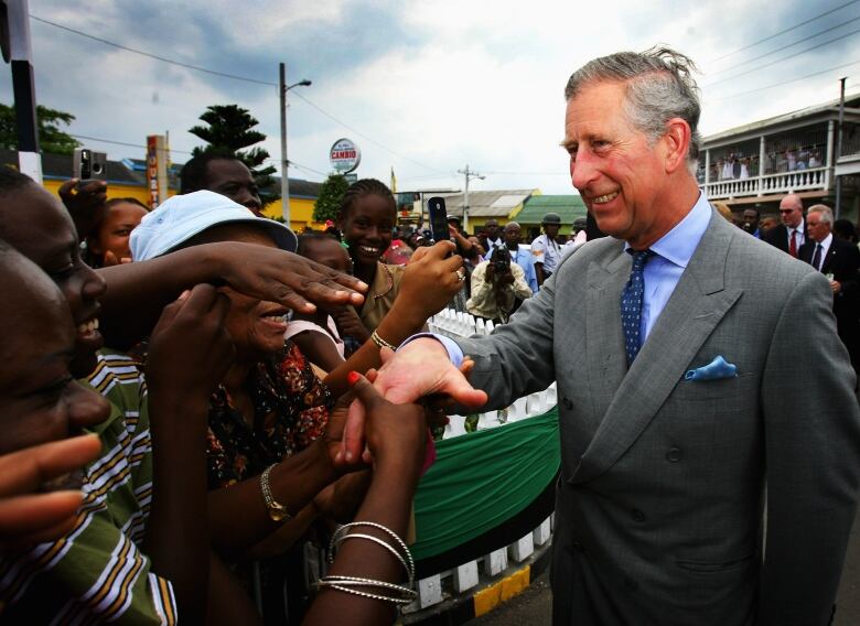 A man wearing a grey suit and blue tie stretches out his arm to shake the hand of a person, as he greets a crowd of people gathered behind a low barrier.