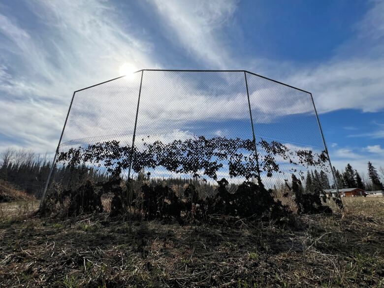 Metal fence filled with debris halfway up. 