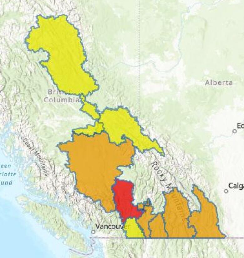 a map of the flood situation in B.C. shows much of the Interior under a flood watch or warning