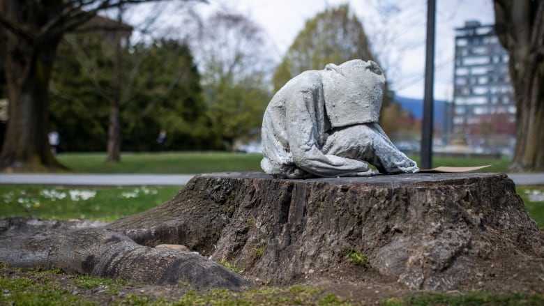 A statue commemorating people who have died to drug overdoses is pictured at Seaforth Peace Park in Vancouver, British Columbia on Wednesday, April 13, 2022.