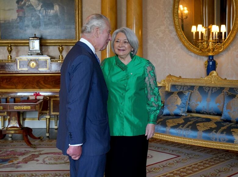 Canada's Governor General speaks with King Charles at Buckingham Palace.