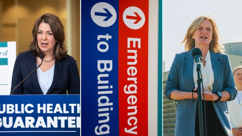 Two women speak at podiums, and a sign is displayed at a hospital.