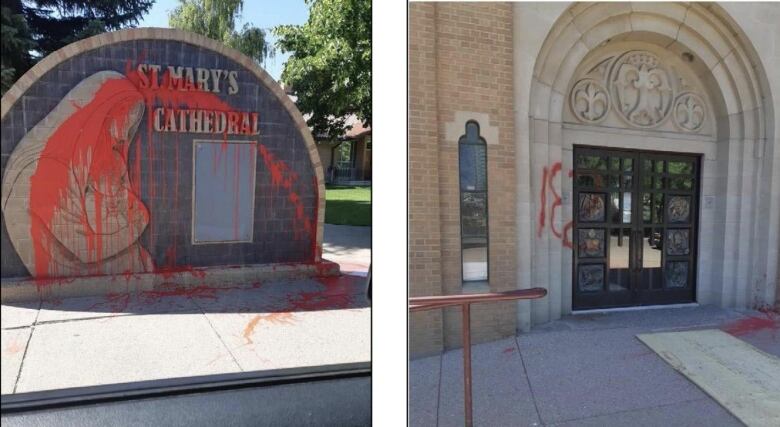 Red paint covers the St. Mary's Cathedral sign in the photo on the left. On the right, the photo shows the numbers 182 written in red paint on the entryway to the church.