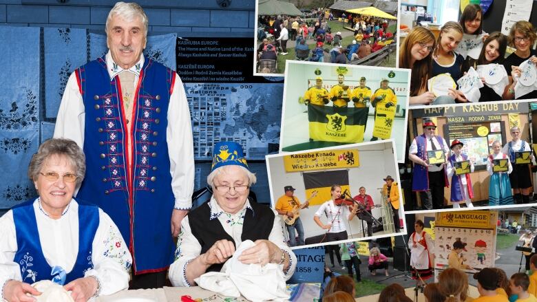 A collage of photos featuring people embroidering, learning language, playing music and celebrating Kashub history day.