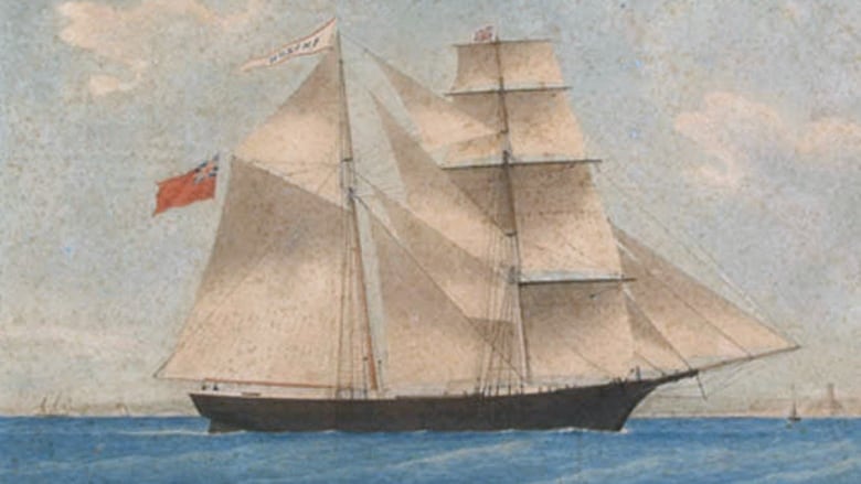 A painting of a two-masted sailing ship.