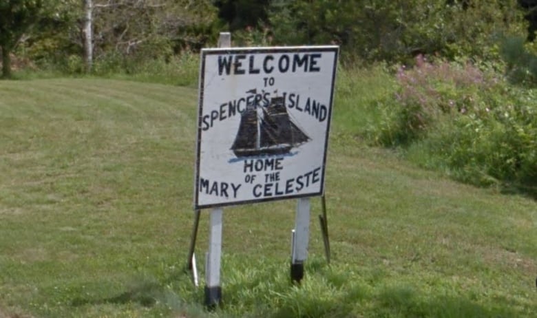 A sign on the street that says welcome to Spencers Island home of the Mary Celeste.