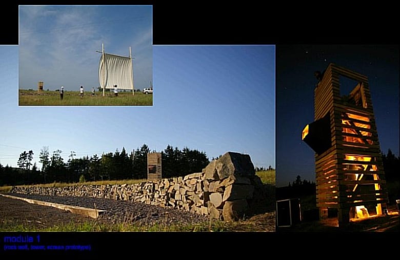 A collage showing a rock wall, a wooden projector booth and a projector screen resembling a ship's mast,