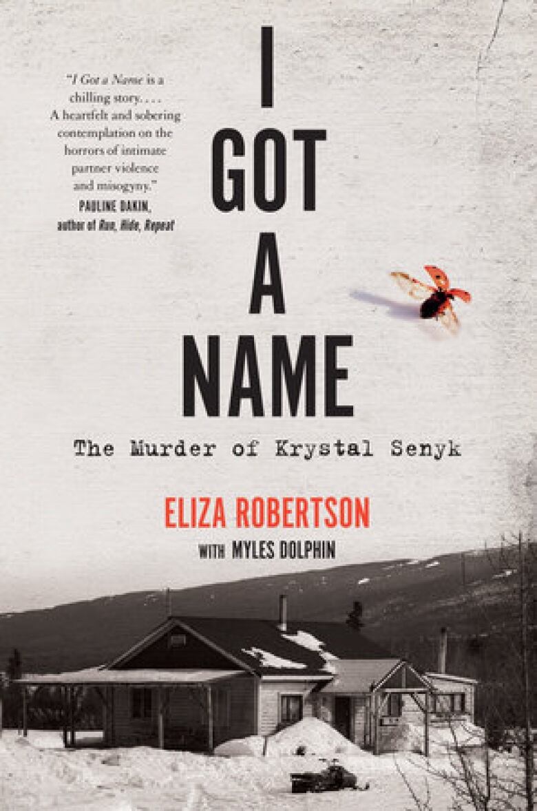 A book cover image that has a black and white photo of a house against mountains in the bottom half, and a white wall with a ladybug flying on it on the top half. There is black and red text overlay that is the book's title and author's name.