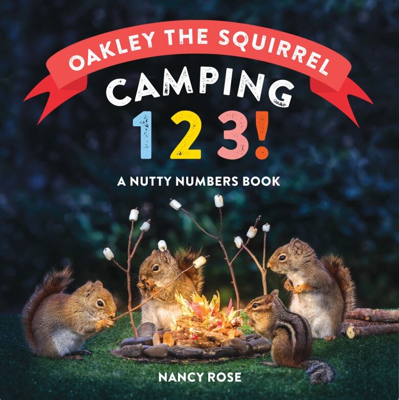 A picture of a book cover showing three squirrels and a chipmunk roasting marshmallows around a campfire.