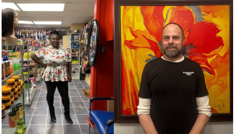 A woman stands in the aisle in her beauty shop, while a man poses in front of an orange and red painting.