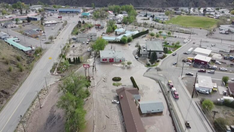 An aerial view of a flooded downtown.