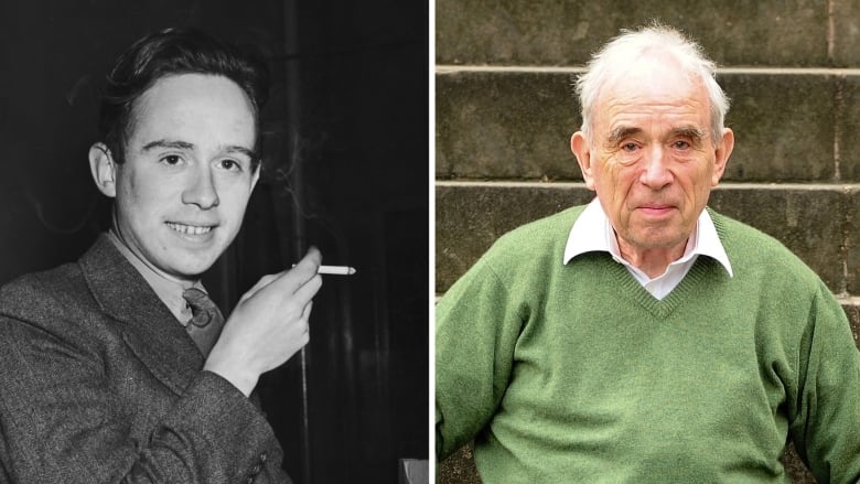 A black and white photo of a young man, smirking and holding a cigarette, next to a coloured photo of an elderly man in front of a brick wall. 