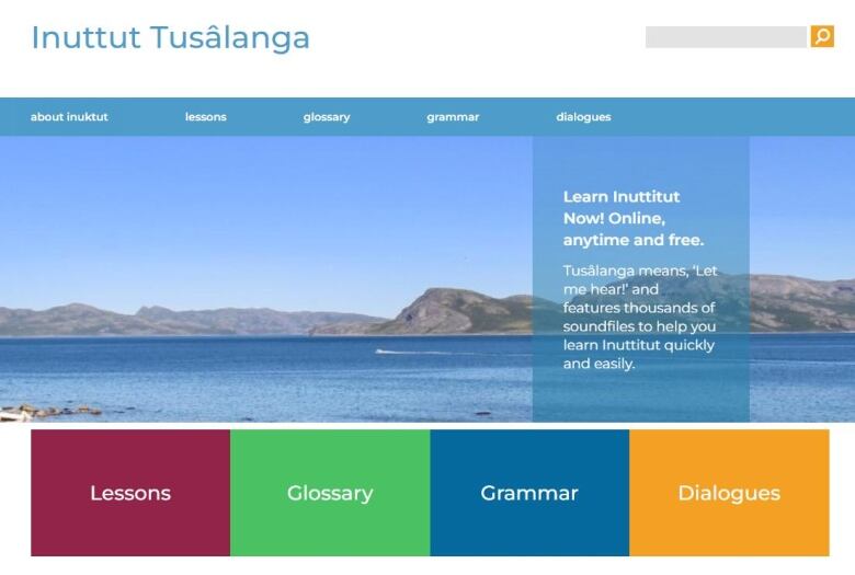 A website is shown with about Inuktut, lessons, glossary, grammar and dialogues as options to click. 