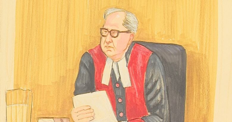 A court sketch of a man wearing judge's clothes and holding a piece of paper. 