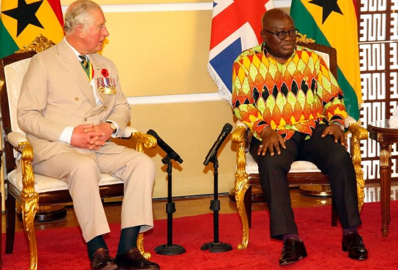 Prince Charles, Left, is Welcome by Ghana's President, Nana Akufo-Addo at the Jubilee House in Accra, Ghana, Friday, Nov. 2, 2018.