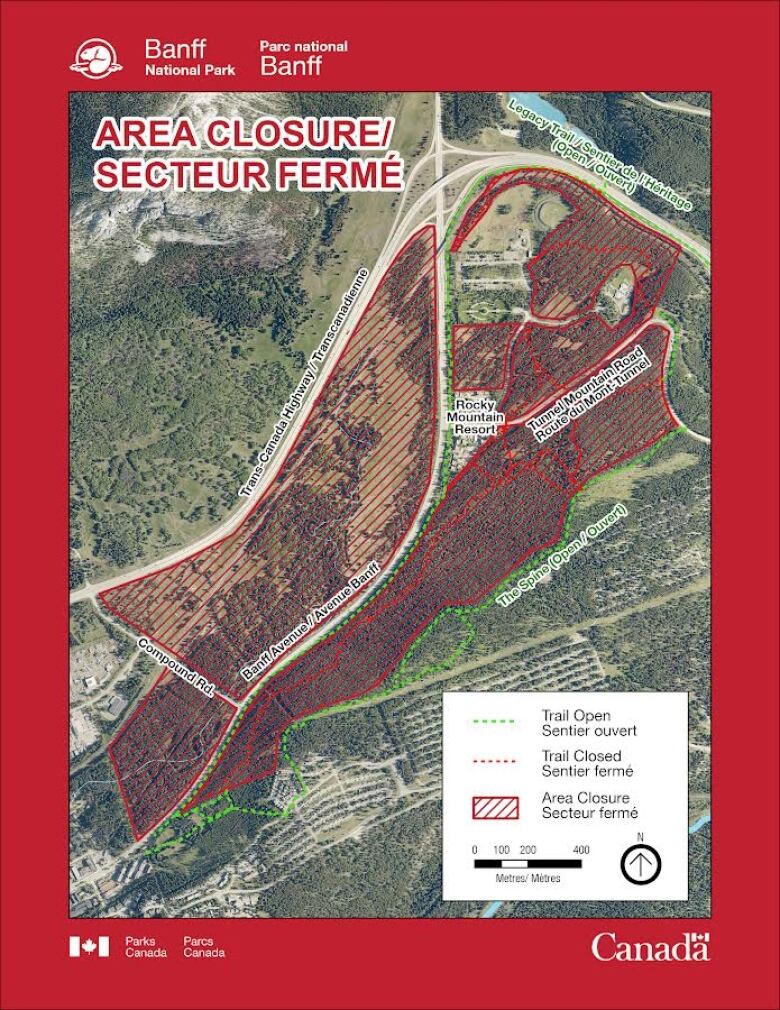 A map of Banff National Park -- parts of the map have red lines through them indicating the area is not to be entered. 