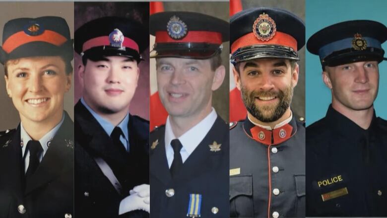 Head shot photos of five police officers, one woman and four men, can be seen.