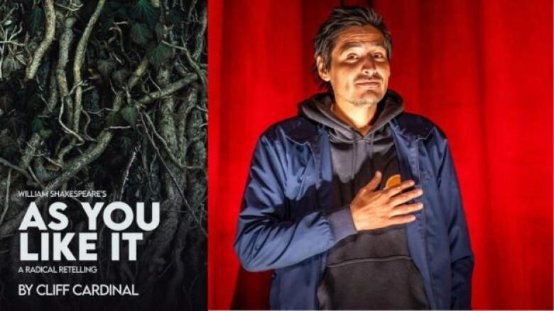 Composite image. On the left: a book cover of tree roots intertwining. On the right: A man standing against a red curtain with his right hand on his chest.