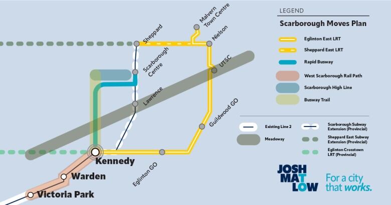 A map of Josh Matlow's Scarborough Moves plan. Showing lines connecting transit stops.