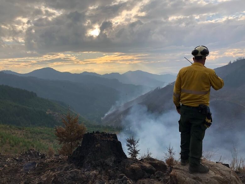 A firefighter stands atop a hill, looking out over a smoky sky. Mountains can be seen in the background. 