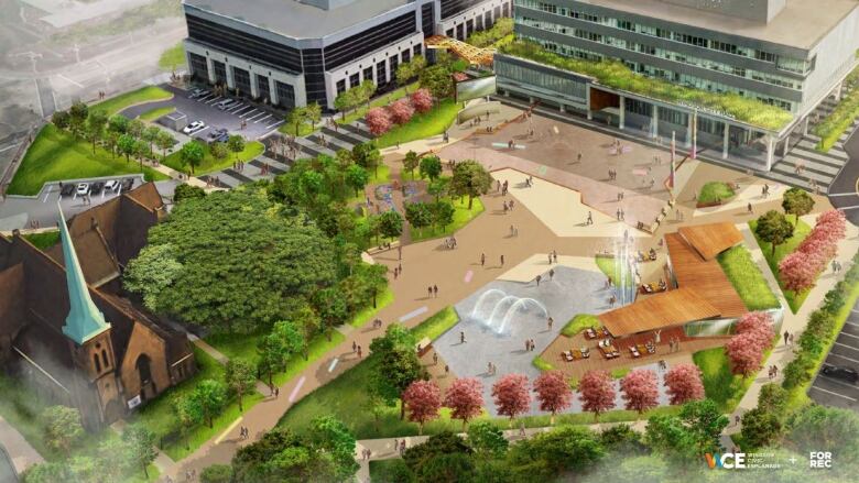 An artists rendering of ammenities at City Hall Square include a new ice rink and green spaces.