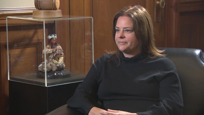 Premier Heather Stefanson during an interview in her office on Jan 11, 2023. The sculpture behind her has been in the Premier's office for decades. 