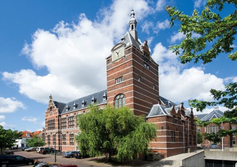 An old brick building with a tall spire on the top. There's a tree in the front.