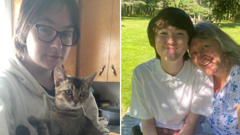 A collage of two photos. The photo on the left shows a person with glasses holding cat. The right photo shows a smiling teen next to their mother, who is also smiling.