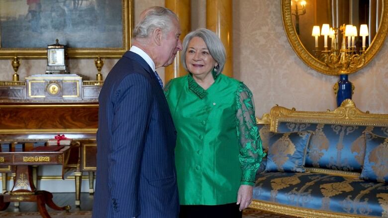 Governor General Mary Simon is pictured with King Charles at Buckingham Palace in London.