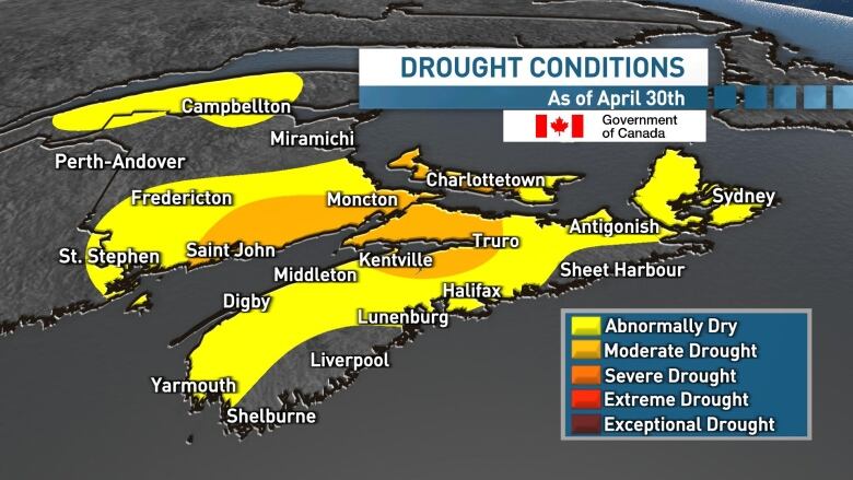 A map of Nova Scotia shows much of the province in yellow meaning it is abnormally dry.