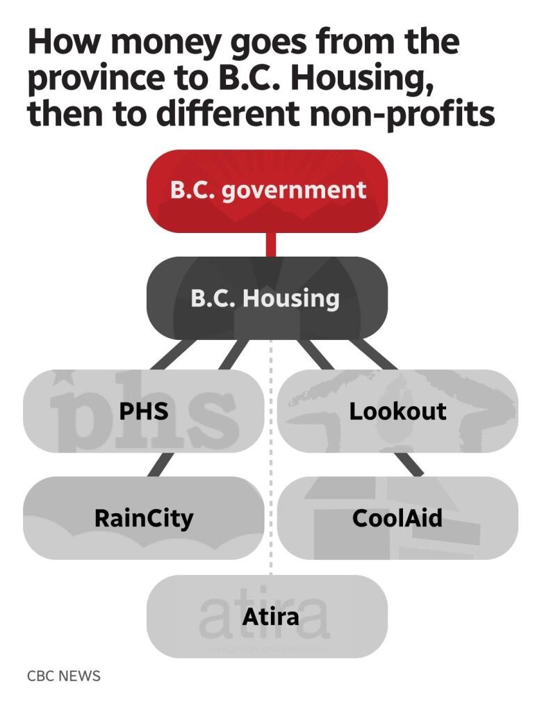 A flow chart shows how taxpayer dollars are sent from the government to B.C. Housing to non-profit housing providers.