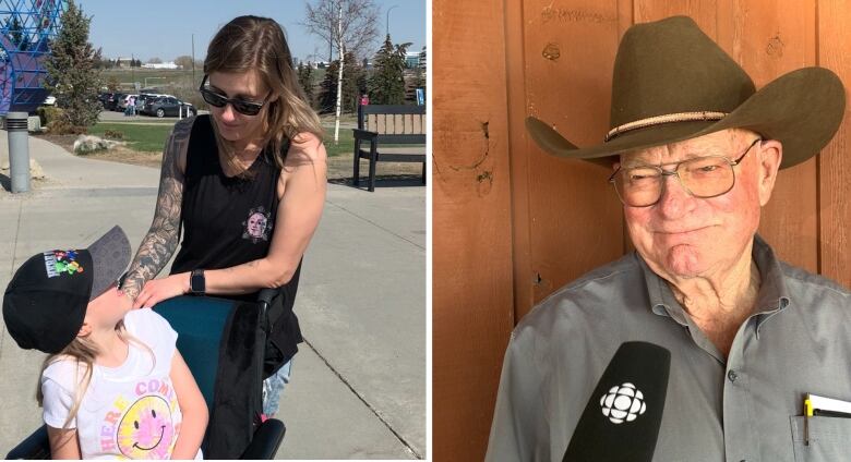 A woman talks with her young daughter at the Calgary Zoo. In a second photo, a man in a cowboy hat smiles at the camera.