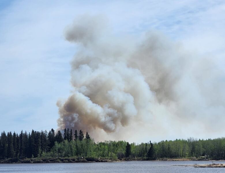 Smoke billows up into the sky above trees and water.