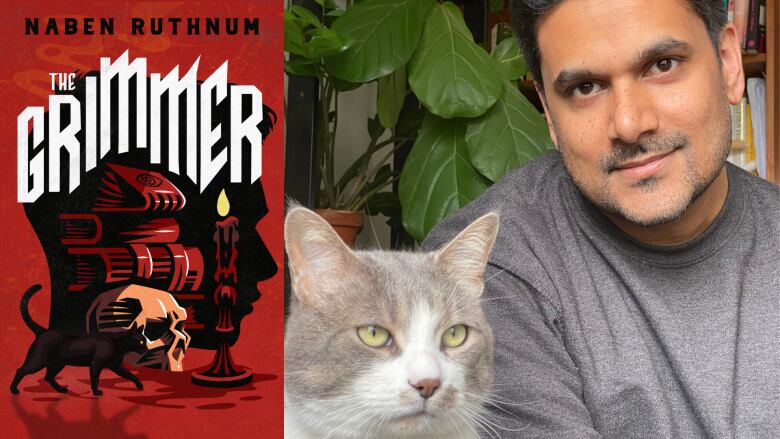 A composite image of a portrait photo of a South Asian man in a grey shirt smirking while looking into the camera and a red book cover with the silhouette of a teenage boy's head with a candle, skull and stack of books inside of it and a black cat crossing in the foreground.