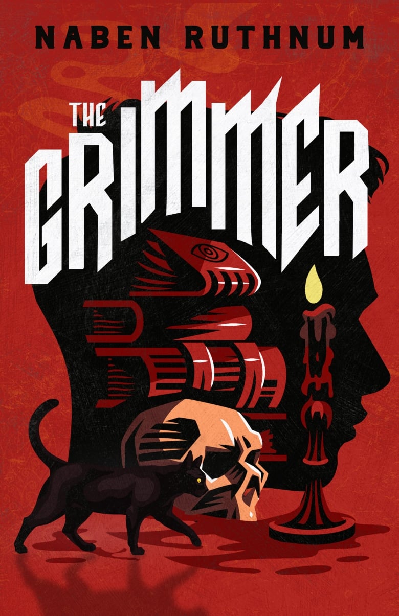 A red book cover with the silhouette of a teenage boy's head with a candle, skull and stack of books inside of it and a black cat crossing in the foreground.