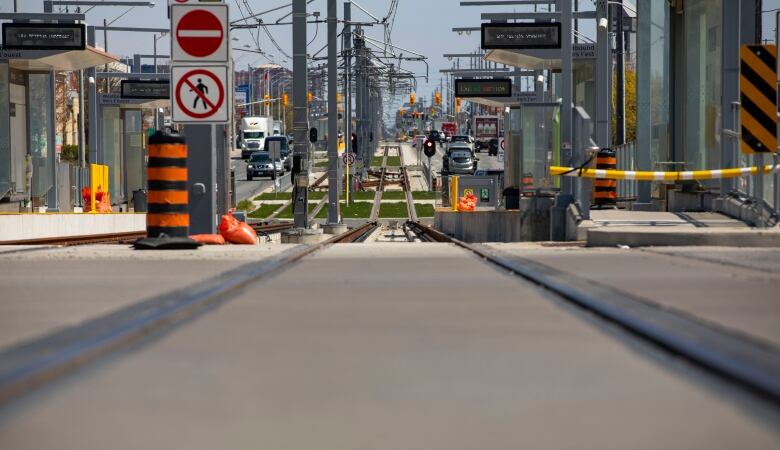 The tracks at Pharmacy Station on the Eglinton LRT line on April 27, 2023.