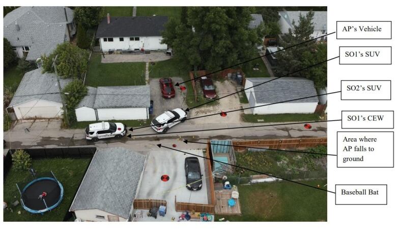 An aerial view of a backlane, with a red car parked in a driveway and two police SUVs blocking its exit. 