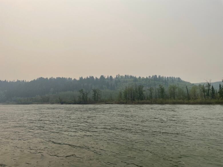 A gray, hazy sky is seen above a tree-lined ridge in western Calgary behind green ripples on the Bow River. 