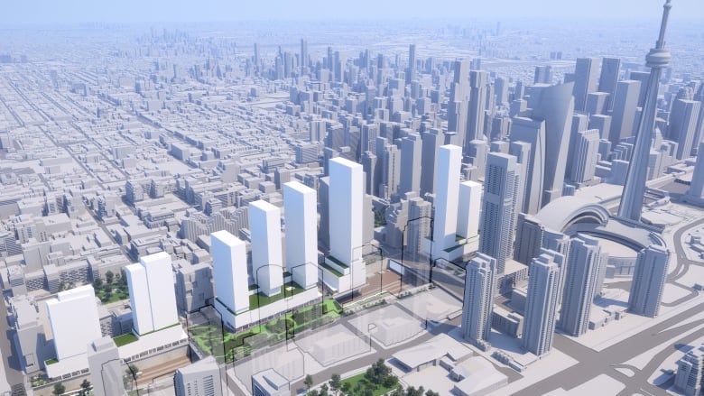 Artist rendering showing relative size and location of nine proposed condo towers in white against backdrop of existing downtown Toronto buildings. 