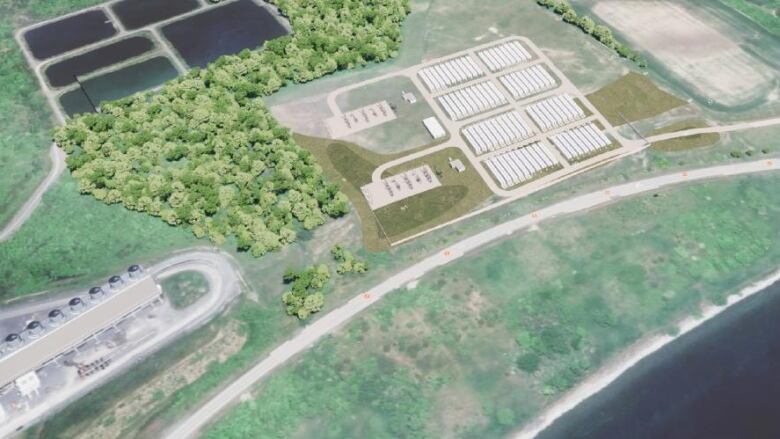 A rendering of a battery storage proposal, showing lines of rectangles from above near a body of water.