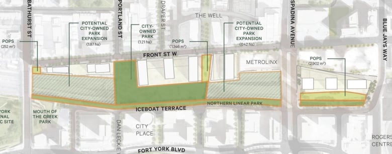 Map of proposed Rail Deck Development, showing a 1.2-hectare L-shaped section labelled city-owned park and two other sections, of 1.87 hectares and 0.42 hectares, each labelled 