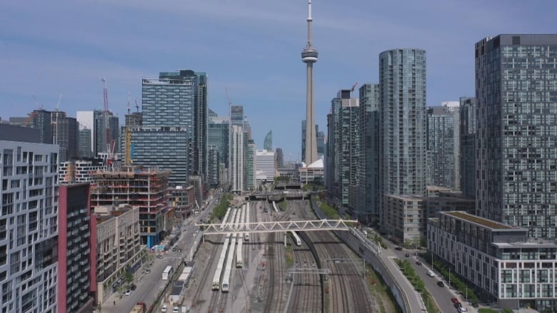 Drone view of the rail lines in downtown Toronto between Bathurst Street and Spadina Avenue.  