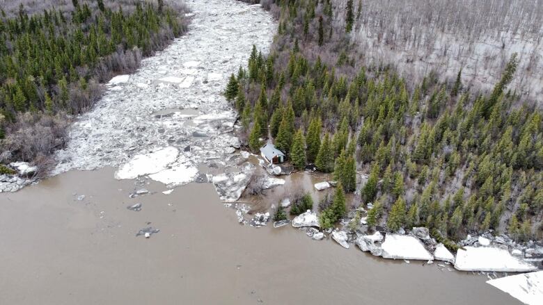 Water, ice, trees around a small cabin.