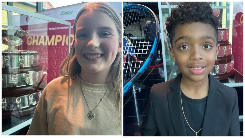 A collage of two photos. On the left, a girl stands in front of a three-tiered trophy. On the right, a boy stands in front of the same trophy holding a blue tennis racket.