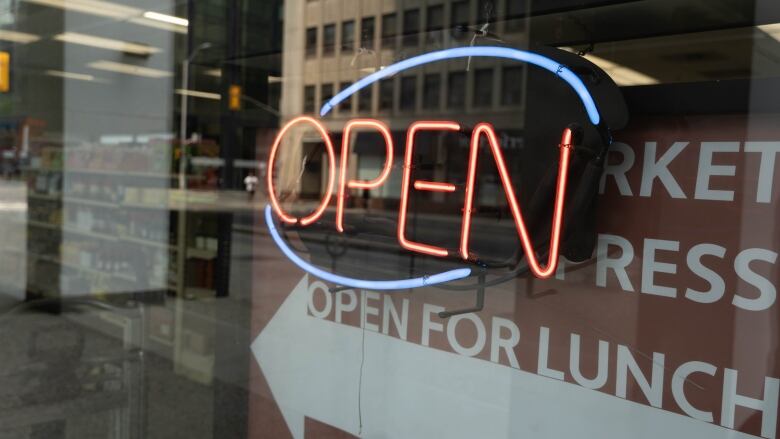 An open sign shown through a window.