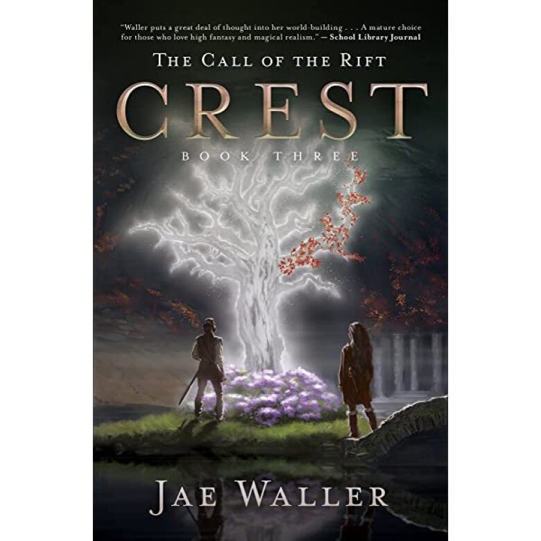 The cover of a book titled 'Call of the Rift.' Two people in medieval garb look at a glowing lilac tree.